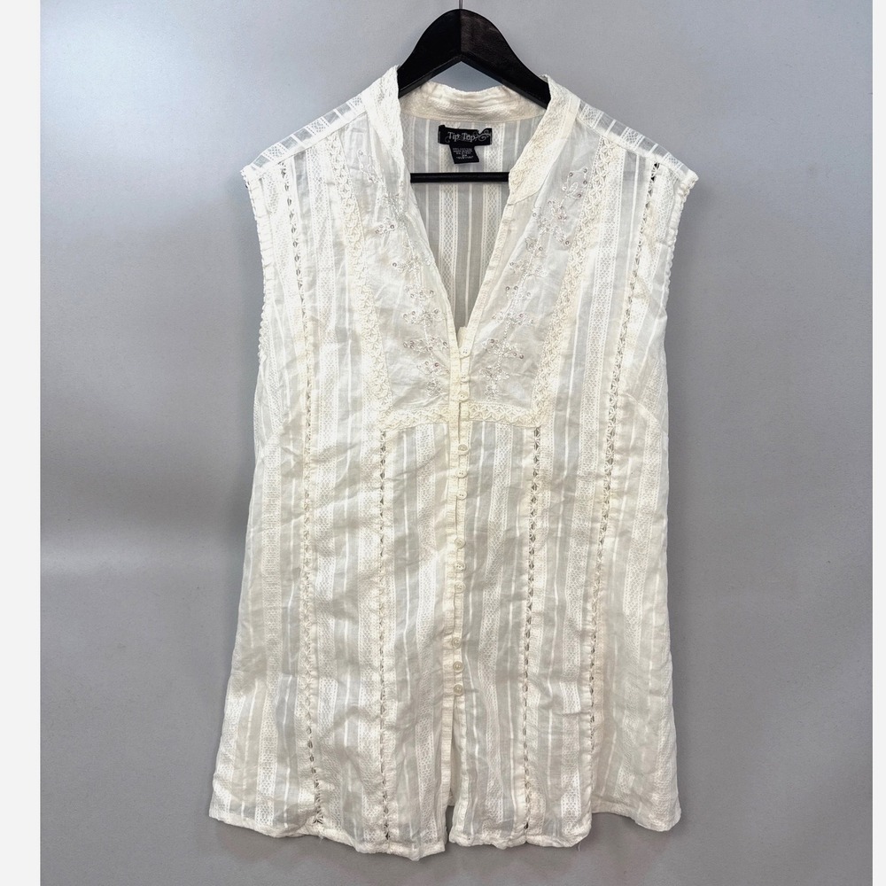 Tip Top Womens 3X White Cotton Lace Stripe Sleeveless Embroidered Sequin Blouse